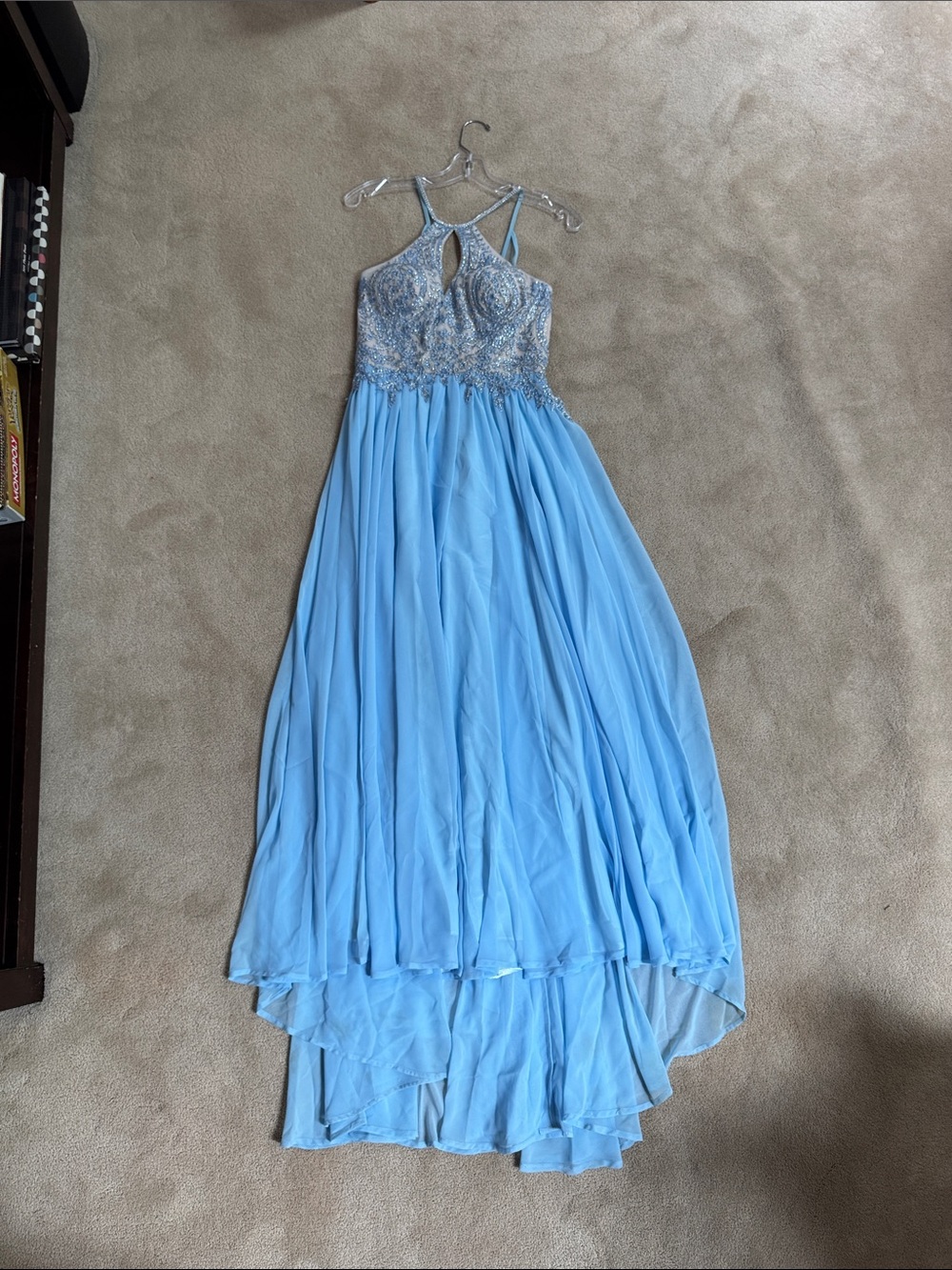 Dave & Johnny Blue and Beige Lace-Trim Evening Dress